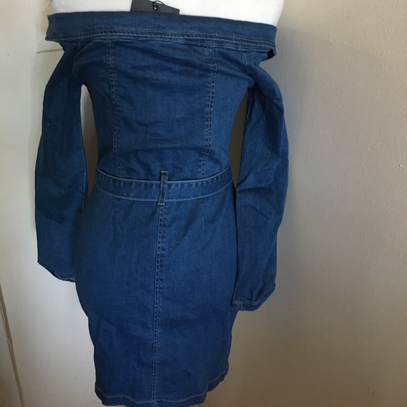 Denim Zip Front Bardot Mini Dress - Picture 6 of 6
